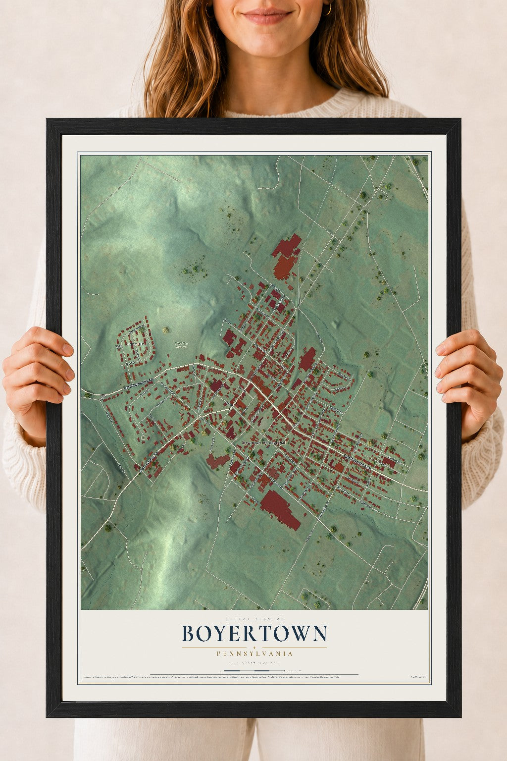 Map of Boyertown, Pennsylvania, 18 x 24 inch print in a black wood frame