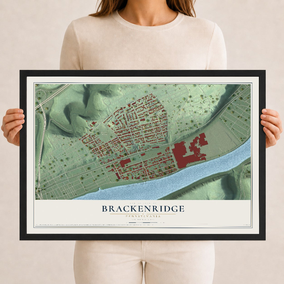 Map of Brackenridge, Pennsylvania, 12 x 18 inch print in a black wood frame