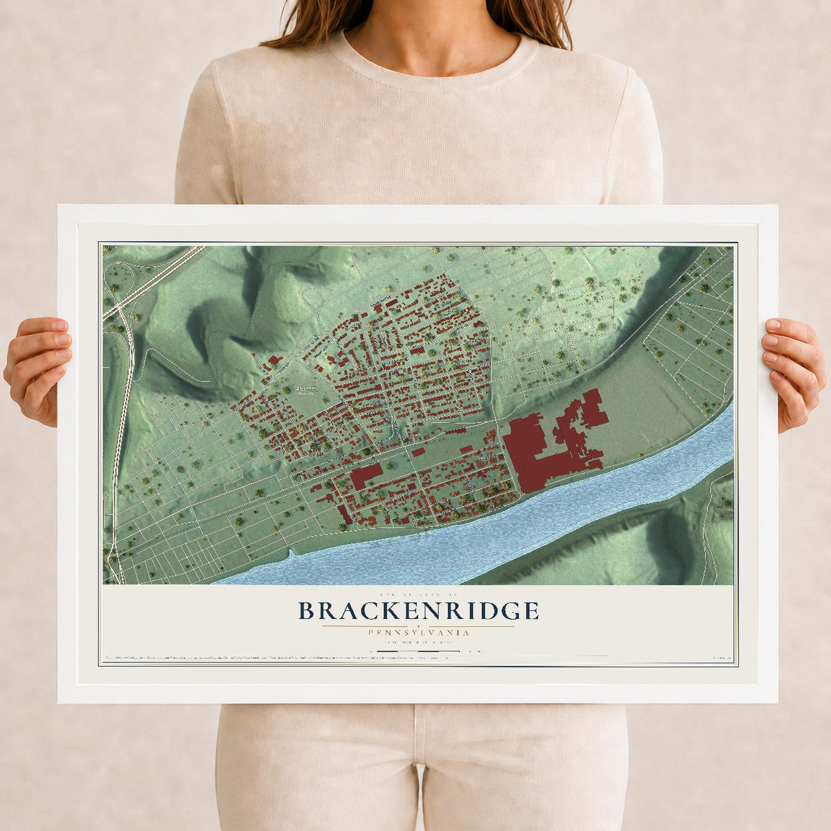 Map of Brackenridge, Pennsylvania, 12 x 18 inch print in a white wood frame