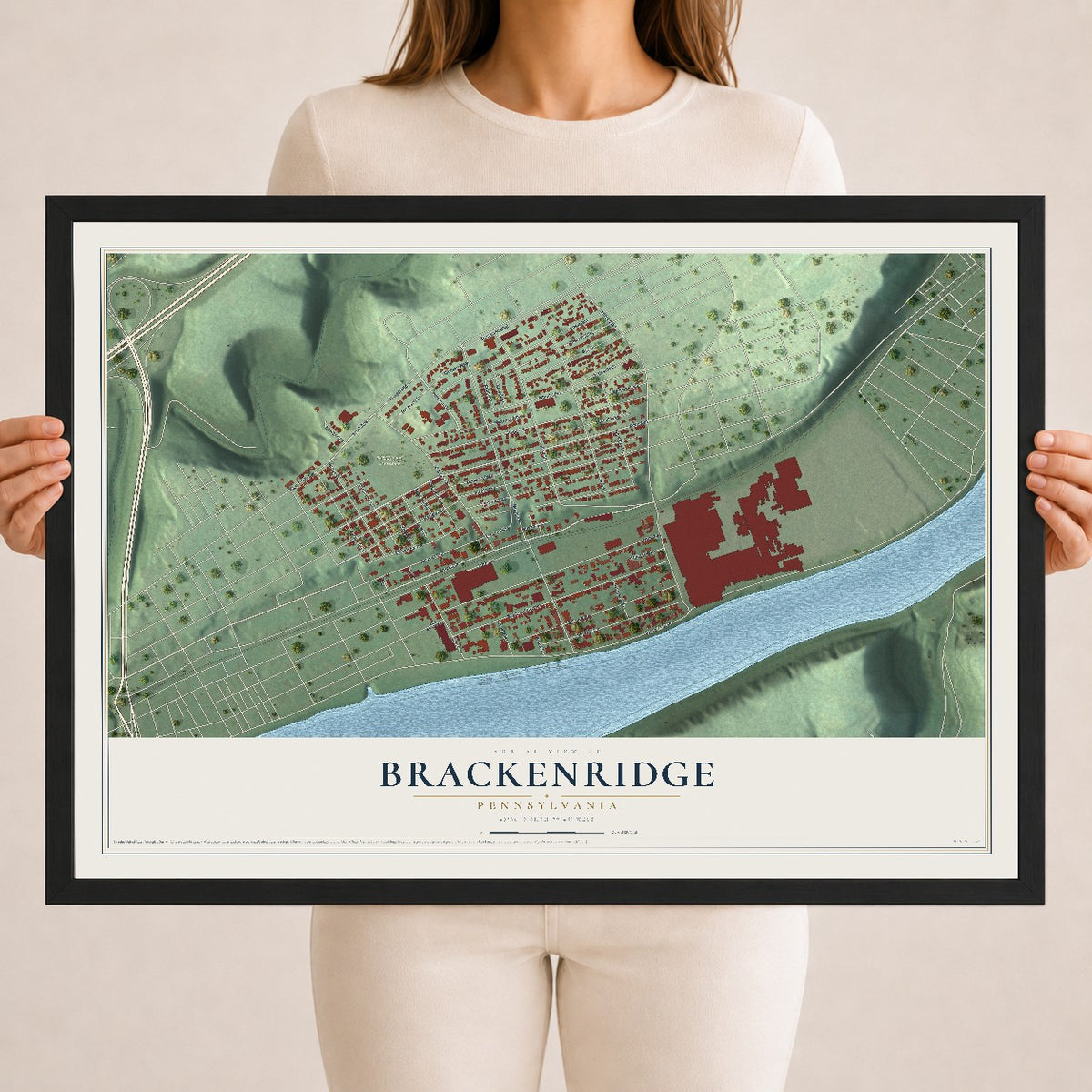 Map of Brackenridge, Pennsylvania, 18 x 24 inch print in a black wood frame