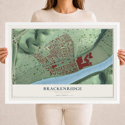 Map of Brackenridge, Pennsylvania, 18 x 24 inch print in a white wood frame