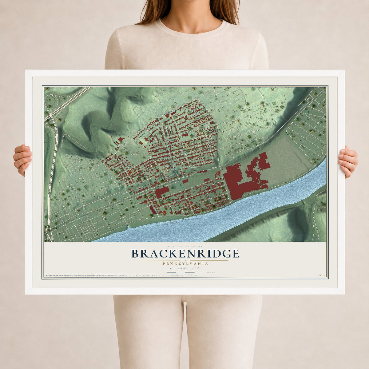 Map of Brackenridge, Pennsylvania, 24 x 36 inch print in a white wood frame