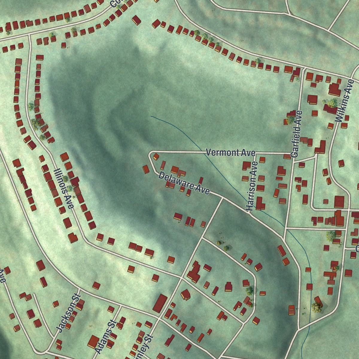 Close-up of the map of Braddock Hills, Pennsylvania print showing street and building detail