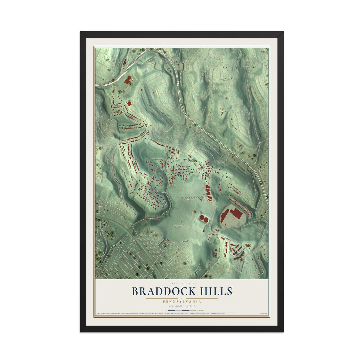 Map of Braddock Hills, Pennsylvania, 12 x 18 inch print in a black wood frame