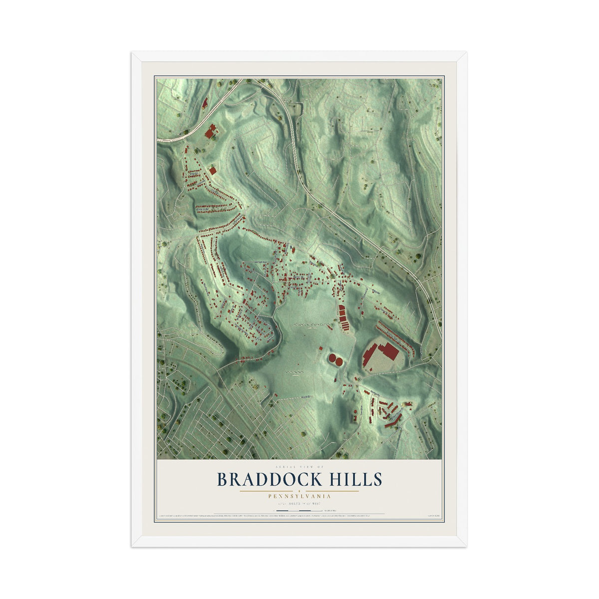 Map of Braddock Hills, Pennsylvania, 12 x 18 inch print in a white wood frame