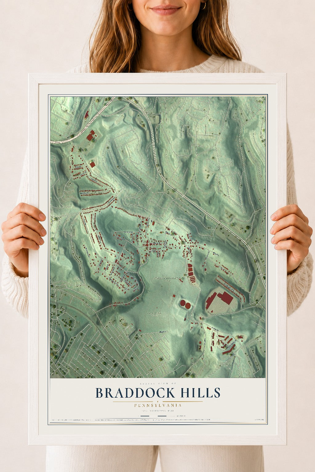 Map of Braddock Hills, Pennsylvania, 18 x 24 inch print in a white wood frame