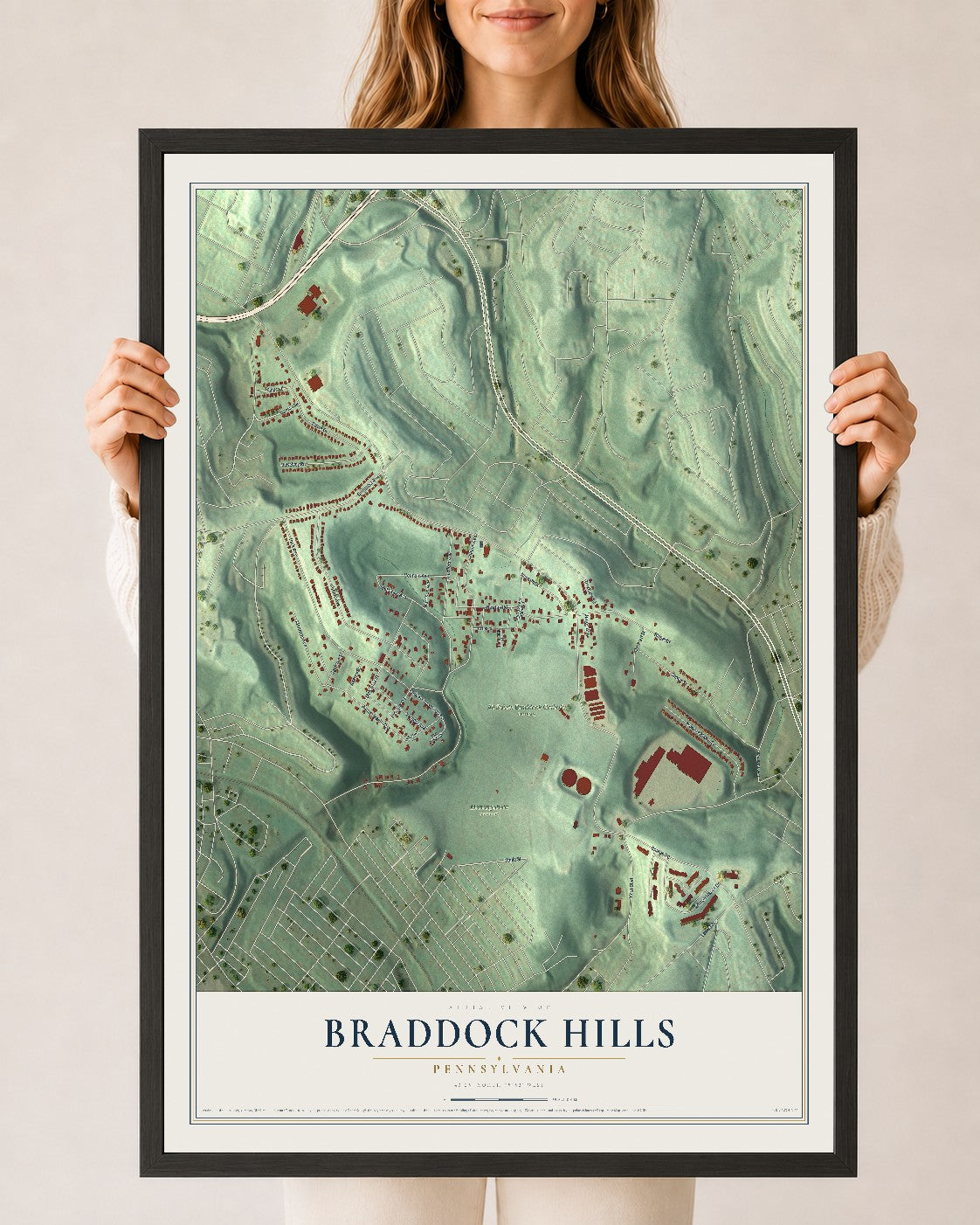 Map of Braddock Hills, Pennsylvania, 24 x 36 inch print in a black wood frame