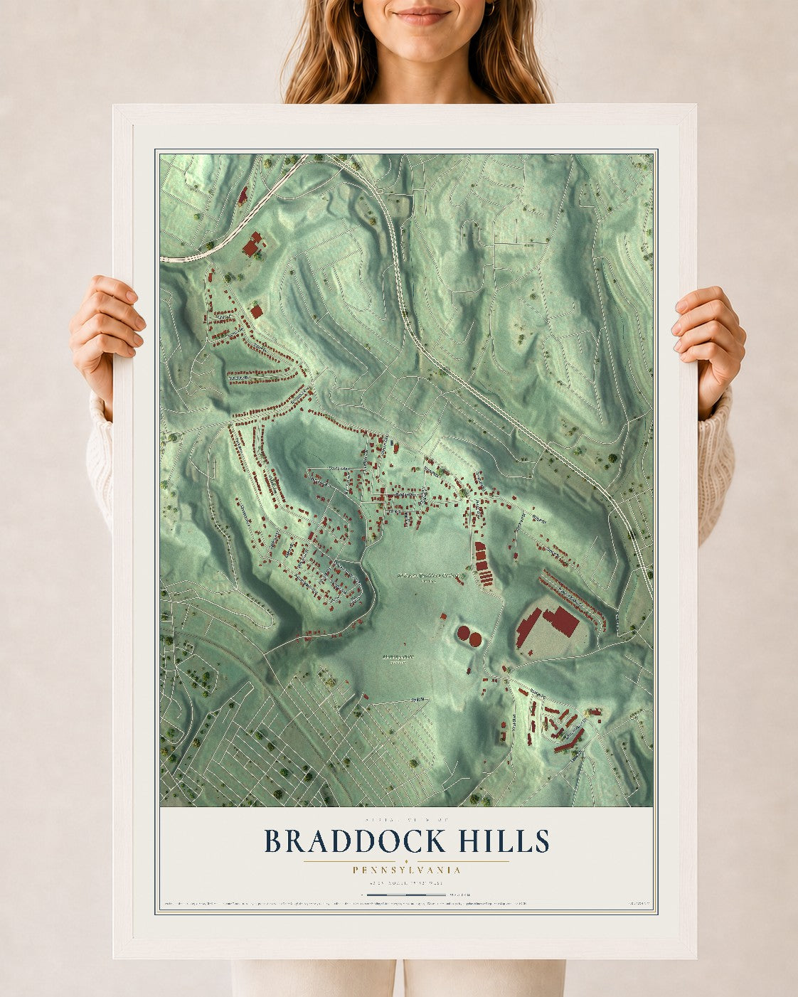 Map of Braddock Hills, Pennsylvania, 24 x 36 inch print in a white wood frame