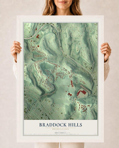 Map of Braddock Hills, Pennsylvania, 24 x 36 inch print in a white wood frame