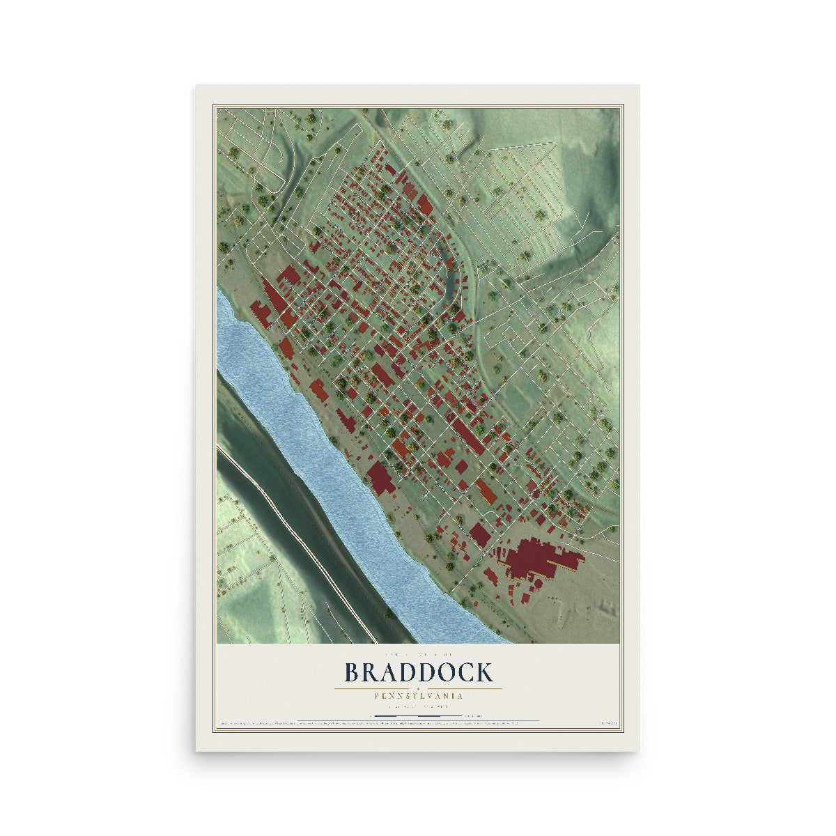 Map of Braddock, Pennsylvania, 12 x 18 inch unframed archival matte print