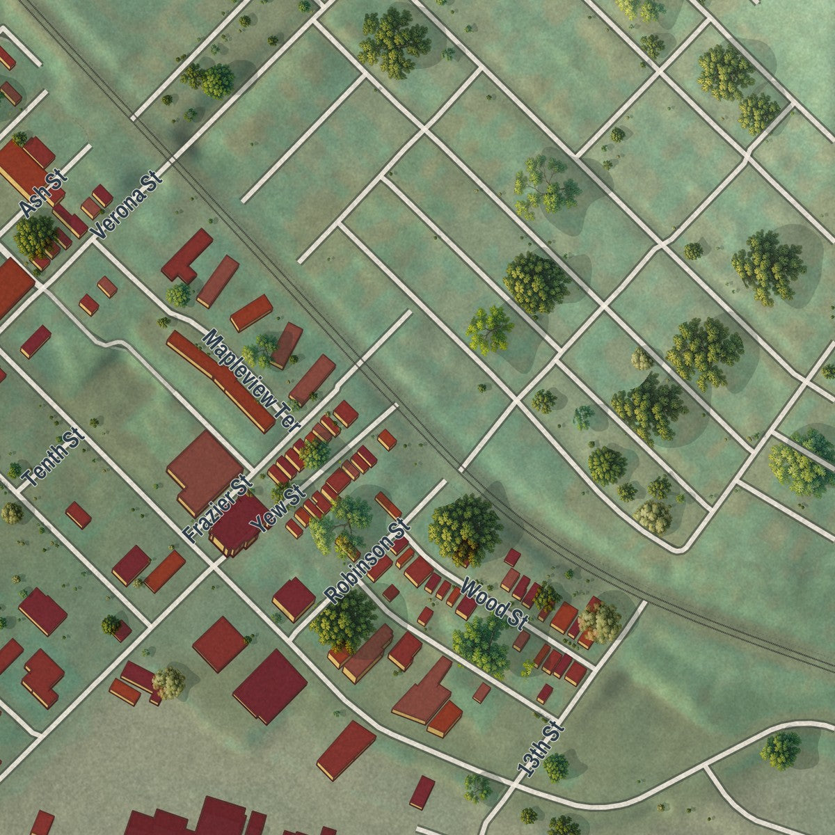 Second close-up of the map of Braddock, Pennsylvania print showing more streets and buildings