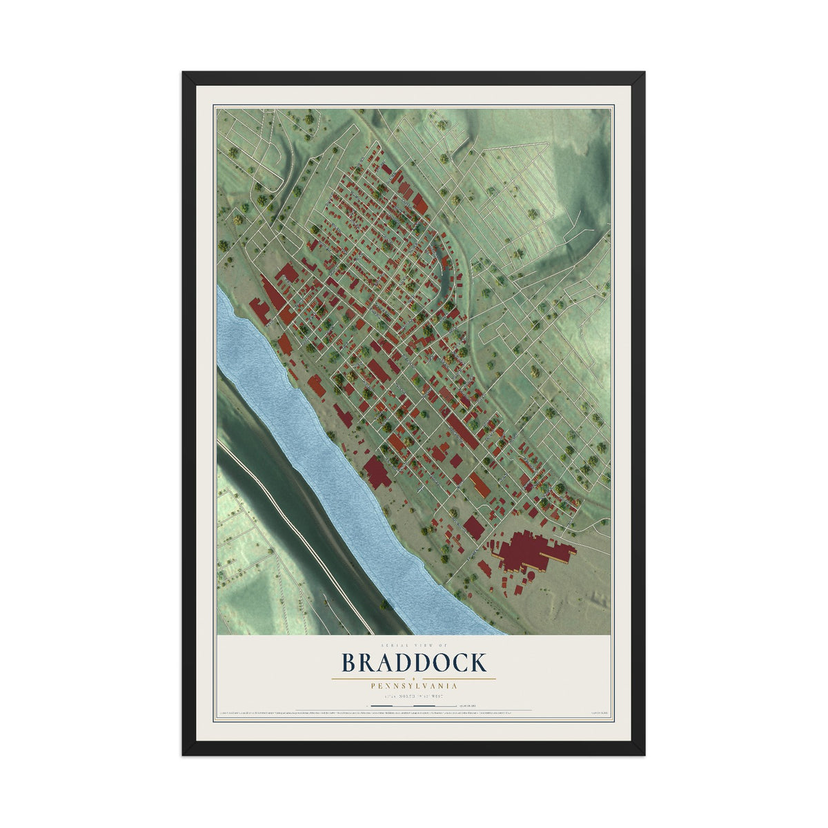 Map of Braddock, Pennsylvania, 12 x 18 inch print in a black wood frame