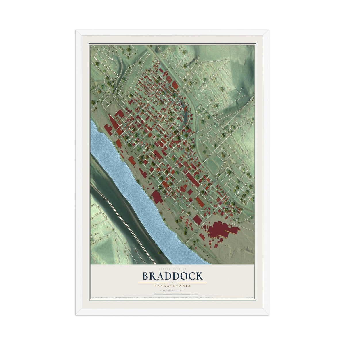 Map of Braddock, Pennsylvania, 12 x 18 inch print in a white wood frame