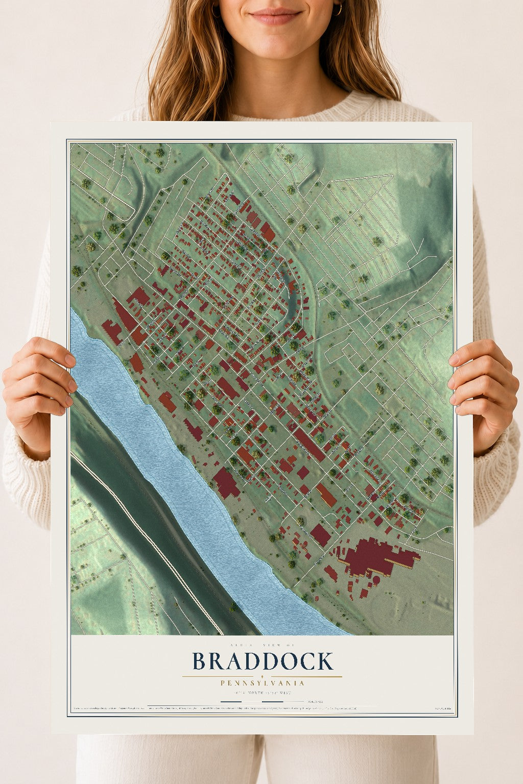 Map of Braddock, Pennsylvania, 18 x 24 inch unframed archival matte print
