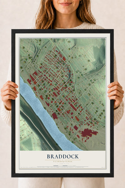 Map of Braddock, Pennsylvania, 18 x 24 inch print in a black wood frame