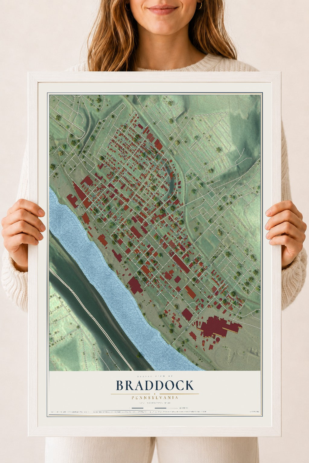 Map of Braddock, Pennsylvania, 18 x 24 inch print in a white wood frame