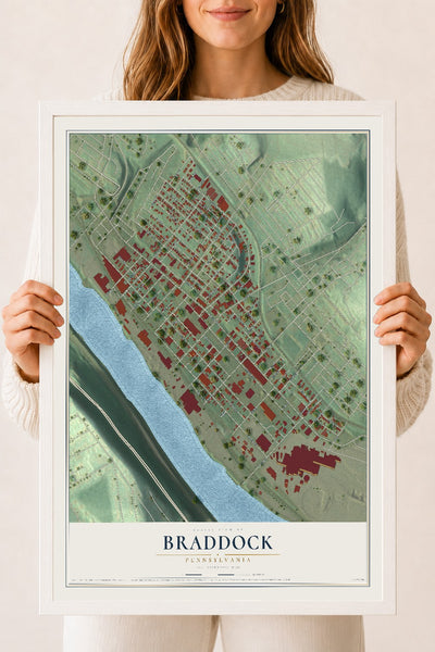 Map of Braddock, Pennsylvania, 18 x 24 inch print in a white wood frame