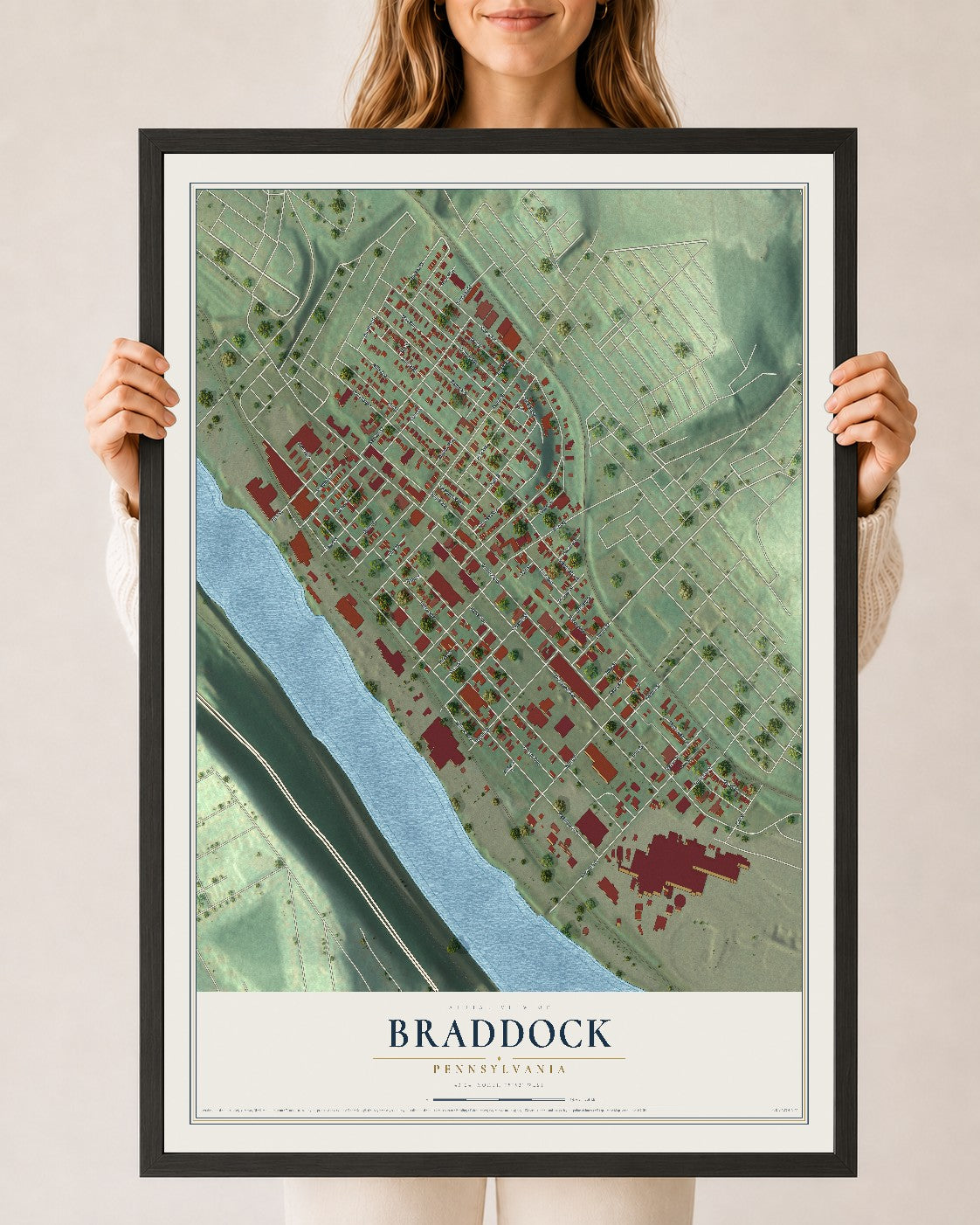 Map of Braddock, Pennsylvania, 24 x 36 inch print in a black wood frame