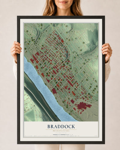 Map of Braddock, Pennsylvania, 24 x 36 inch print in a black wood frame