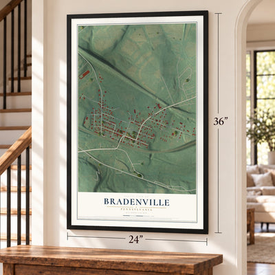 Bradenville, Pennsylvania map, 24 x 36 inch print in a black frame by a staircase