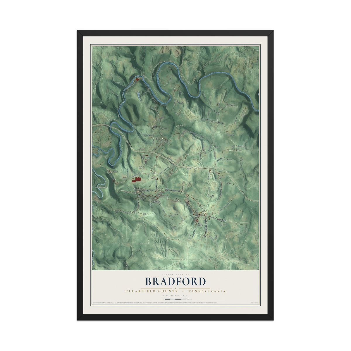 Map of Bradford, Clearfield County, Pennsylvania, 12 x 18 inch print in a black wood frame