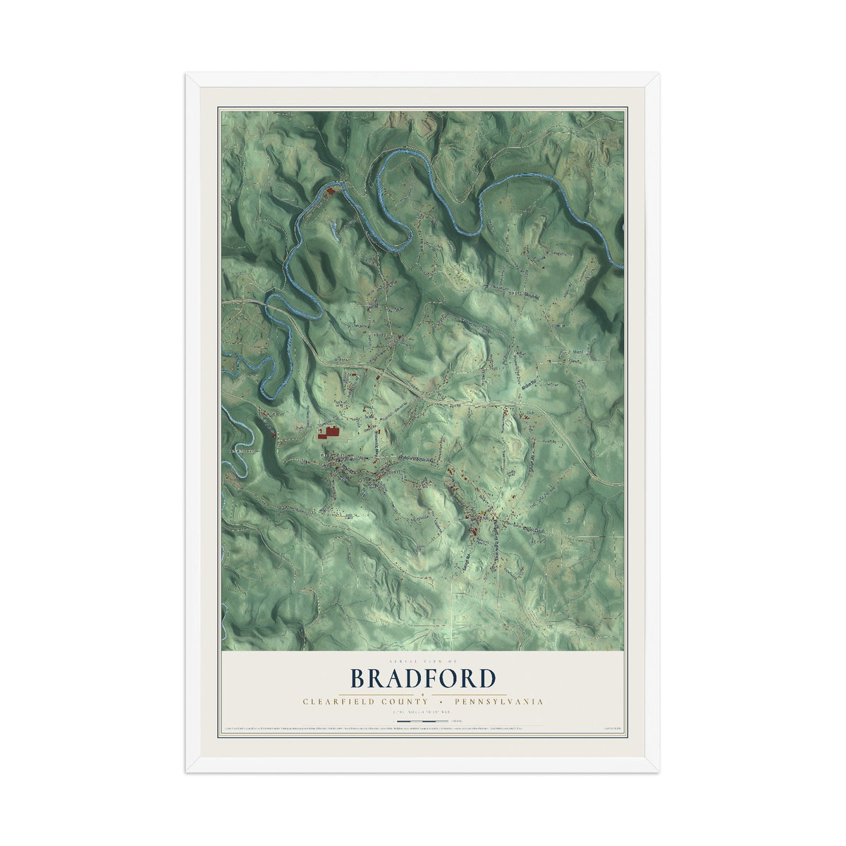 Map of Bradford, Clearfield County, Pennsylvania, 12 x 18 inch print in a white wood frame