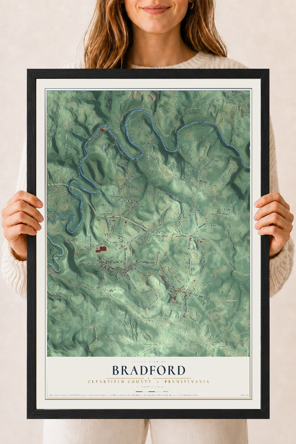 Map of Bradford, Clearfield County, Pennsylvania, 18 x 24 inch print in a black wood frame