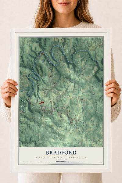 Map of Bradford, Clearfield County, Pennsylvania, 18 x 24 inch print in a white wood frame