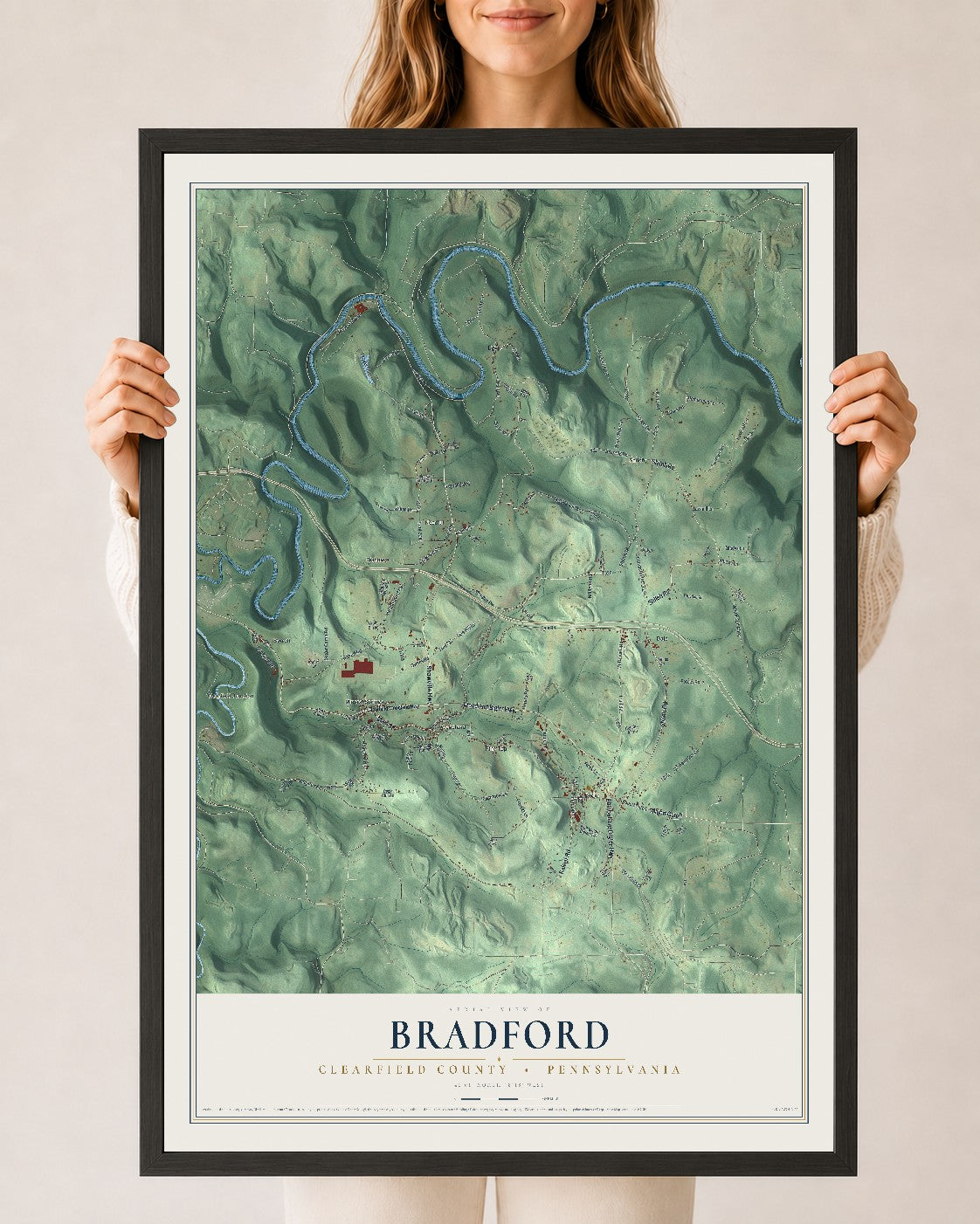 Map of Bradford, Clearfield County, Pennsylvania, 24 x 36 inch print in a black wood frame