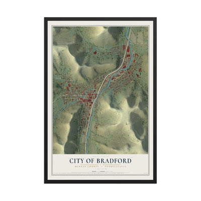 Map of the City of Bradford, McKean County, Pennsylvania, 12 x 18 inch print in a black wood frame