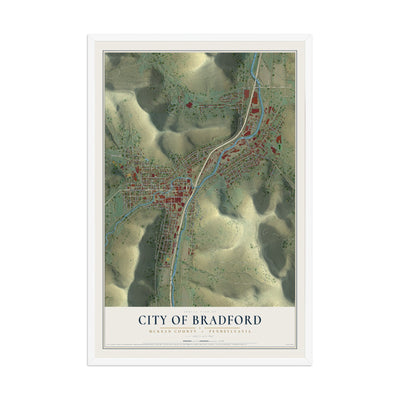 Map of the City of Bradford, McKean County, Pennsylvania, 12 x 18 inch print in a white wood frame