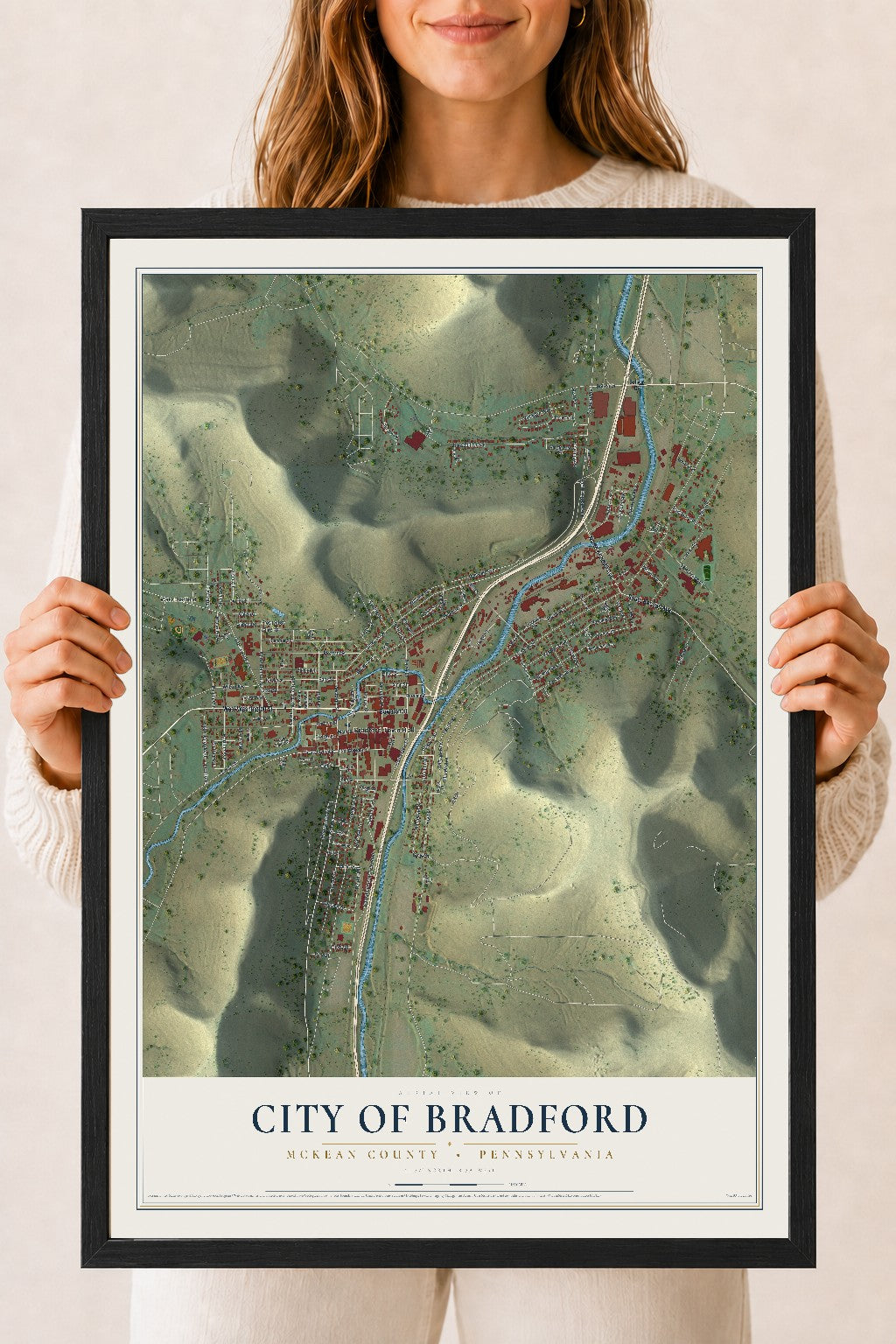Map of the City of Bradford, McKean County, Pennsylvania, 18 x 24 inch print in a black wood frame