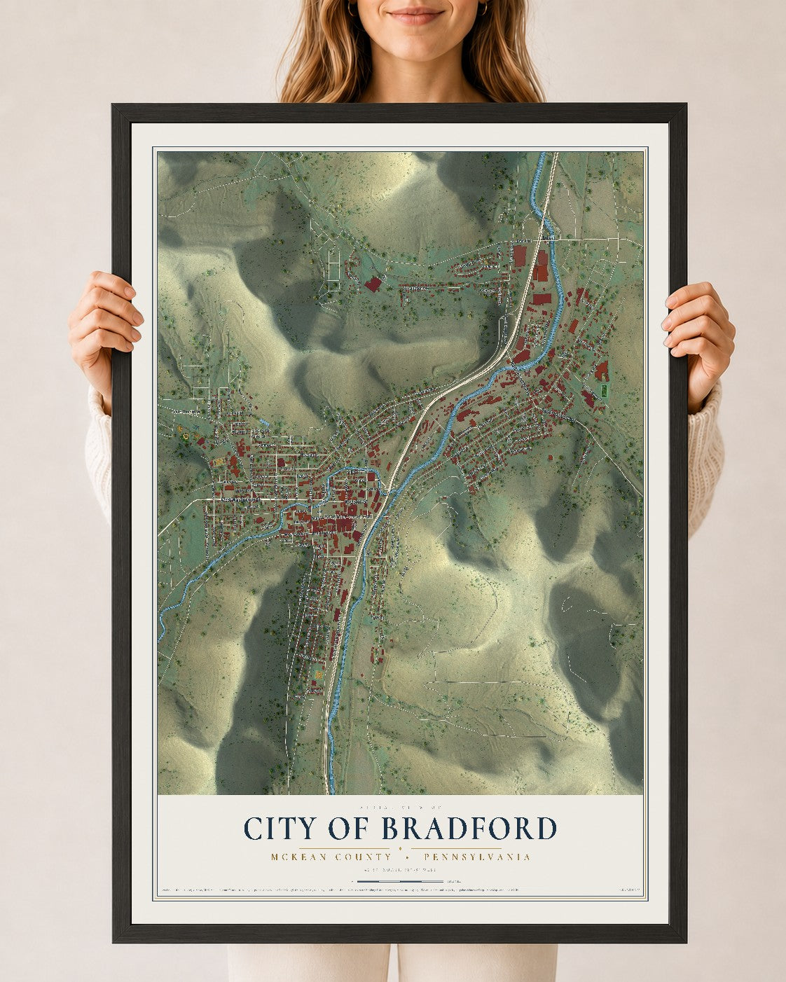 Map of the City of Bradford, McKean County, Pennsylvania, 24 x 36 inch print in a black wood frame