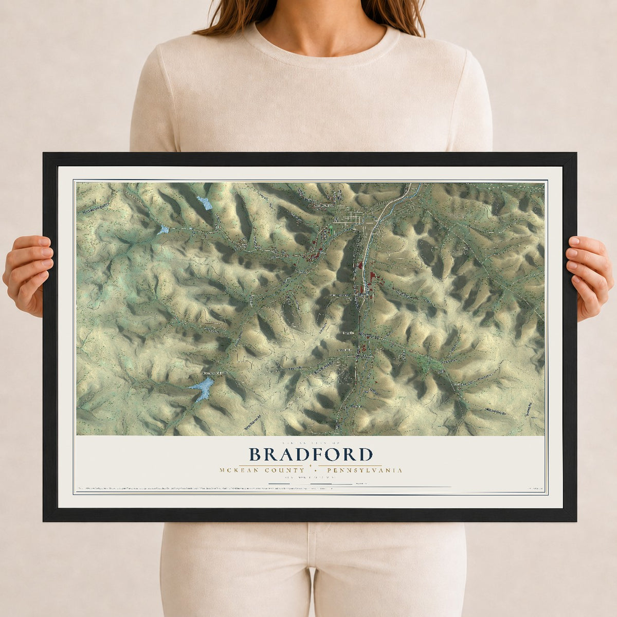 Map of Bradford, McKean County, Pennsylvania, 12 x 18 inch print in a black wood frame