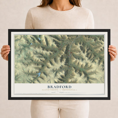 Map of Bradford, McKean County, Pennsylvania, 12 x 18 inch print in a black wood frame