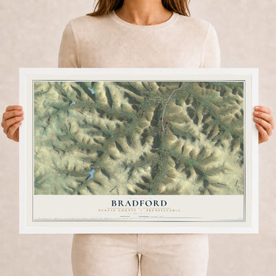 Map of Bradford, McKean County, Pennsylvania, 12 x 18 inch print in a white wood frame