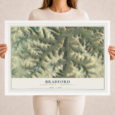 Map of Bradford, McKean County, Pennsylvania, 18 x 24 inch print in a white wood frame