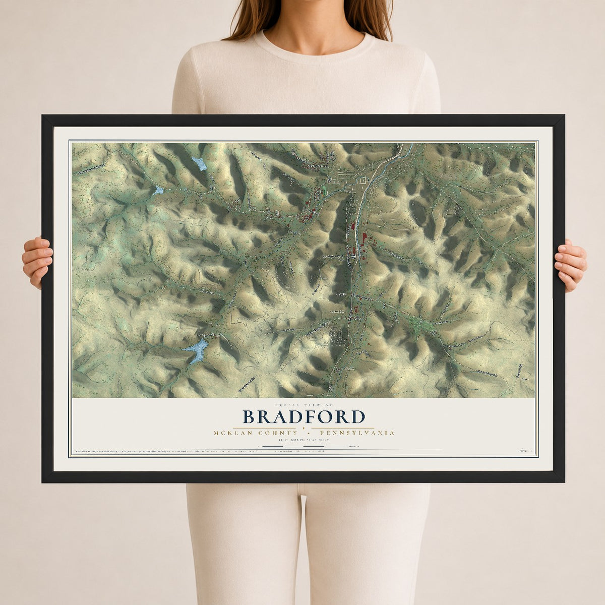 Map of Bradford, McKean County, Pennsylvania, 24 x 36 inch print in a black wood frame