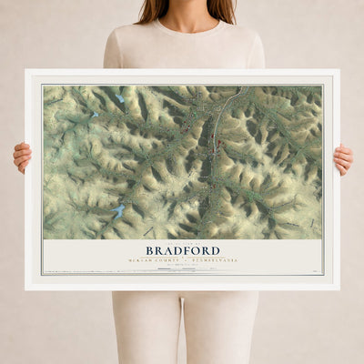 Map of Bradford, McKean County, Pennsylvania, 24 x 36 inch print in a white wood frame