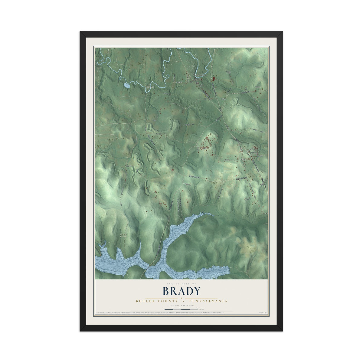 Map of Brady, Butler County, Pennsylvania, 12 x 18 inch print in a black wood frame