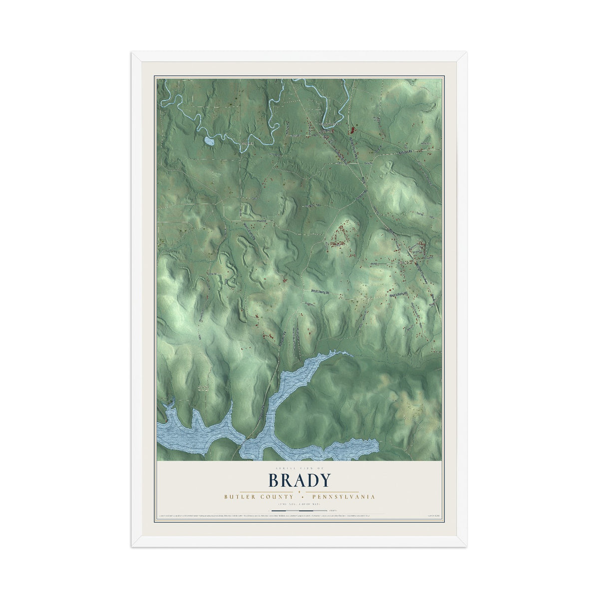 Map of Brady, Butler County, Pennsylvania, 12 x 18 inch print in a white wood frame