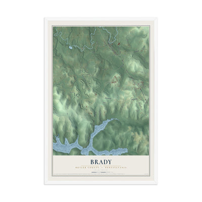 Map of Brady, Butler County, Pennsylvania, 12 x 18 inch print in a white wood frame