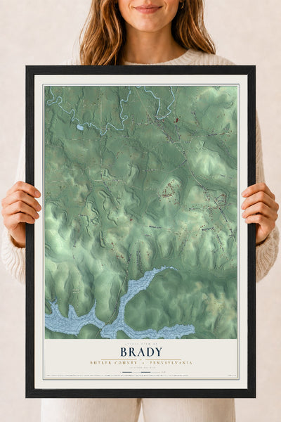 Map of Brady, Butler County, Pennsylvania, 18 x 24 inch print in a black wood frame