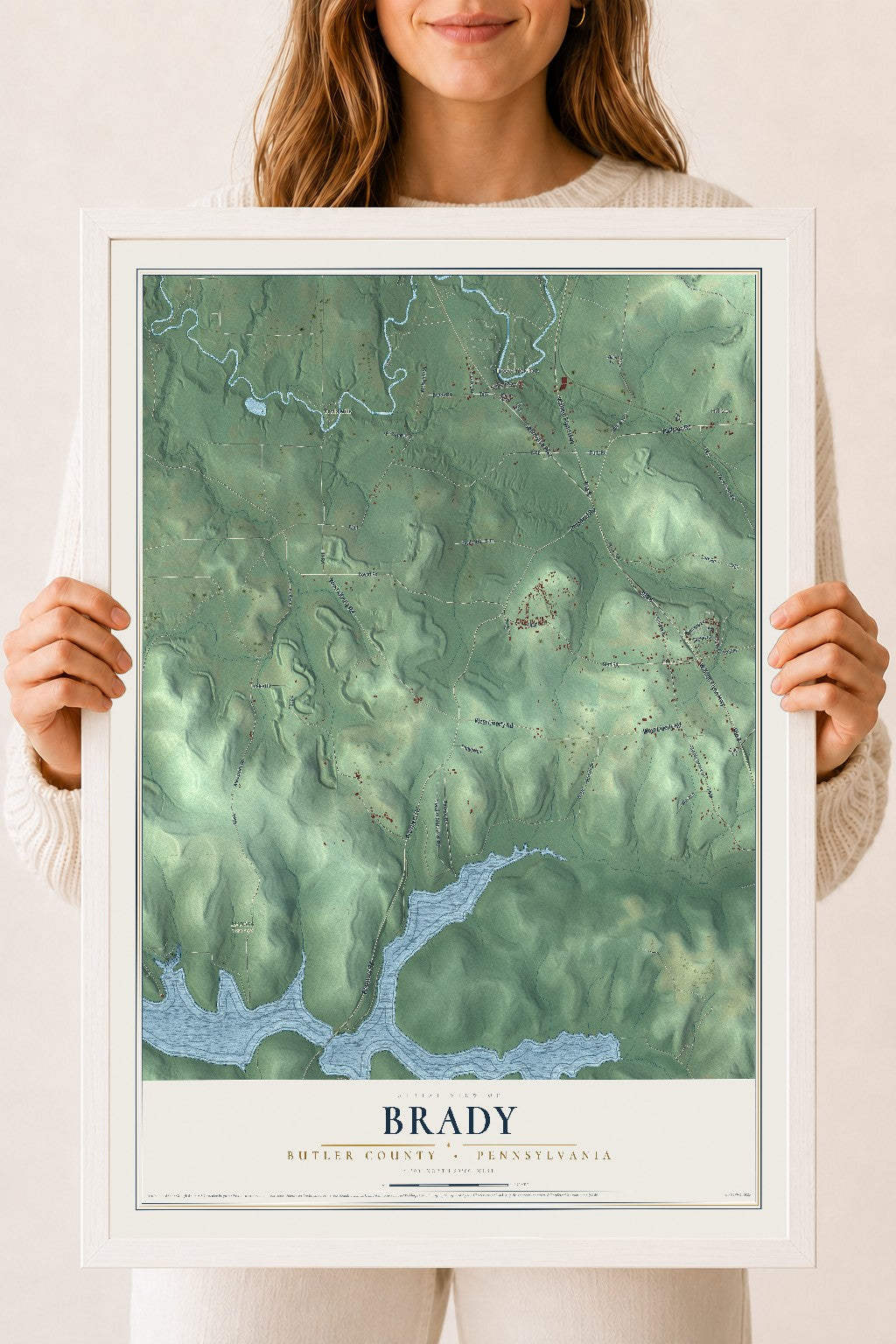 Map of Brady, Butler County, Pennsylvania, 18 x 24 inch print in a white wood frame