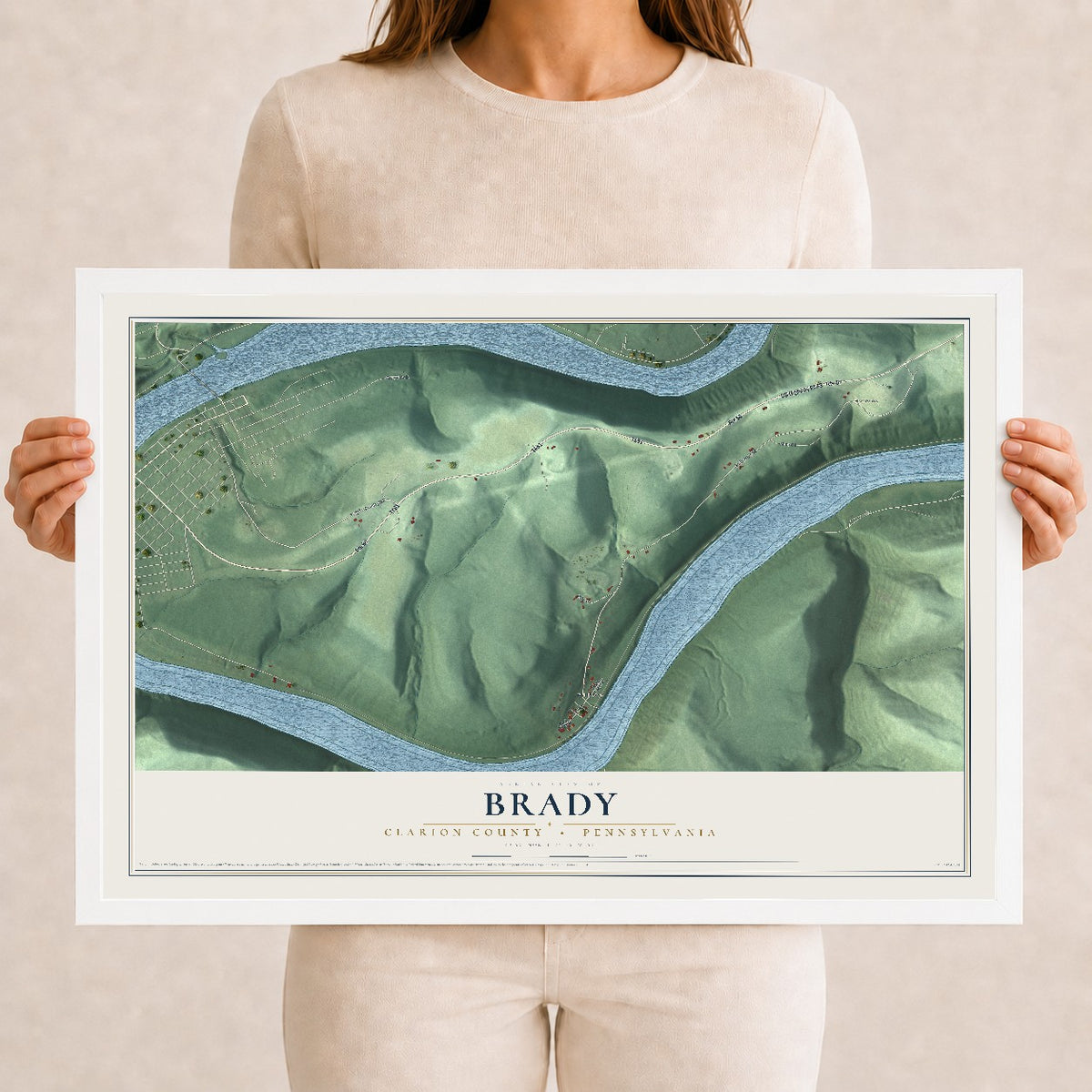 Map of Brady, Clarion County, Pennsylvania, 12 x 18 inch print in a white wood frame