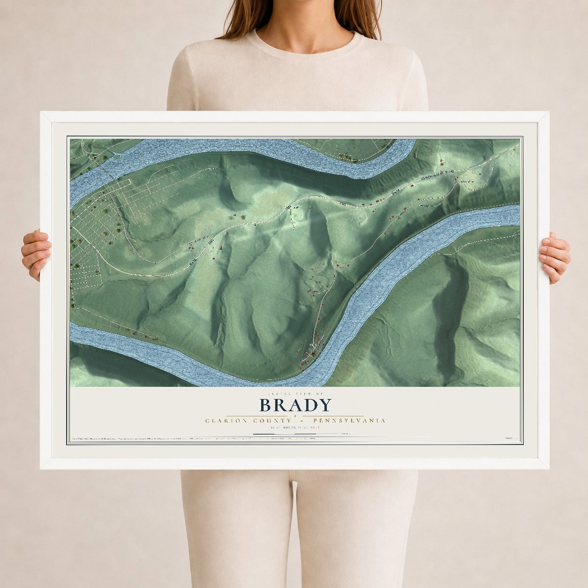 Map of Brady, Clarion County, Pennsylvania, 24 x 36 inch print in a white wood frame