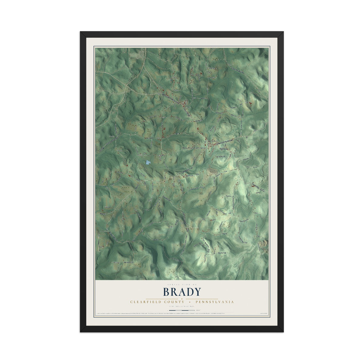 Map of Brady, Clearfield County, Pennsylvania, 12 x 18 inch print in a black wood frame