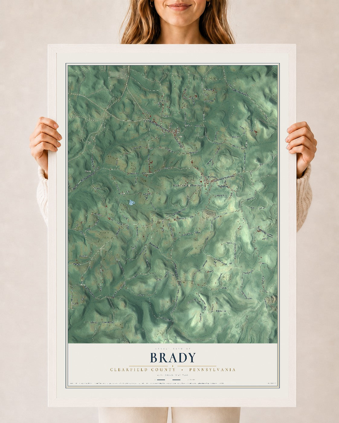 Map of Brady, Clearfield County, Pennsylvania, 24 x 36 inch print in a white wood frame