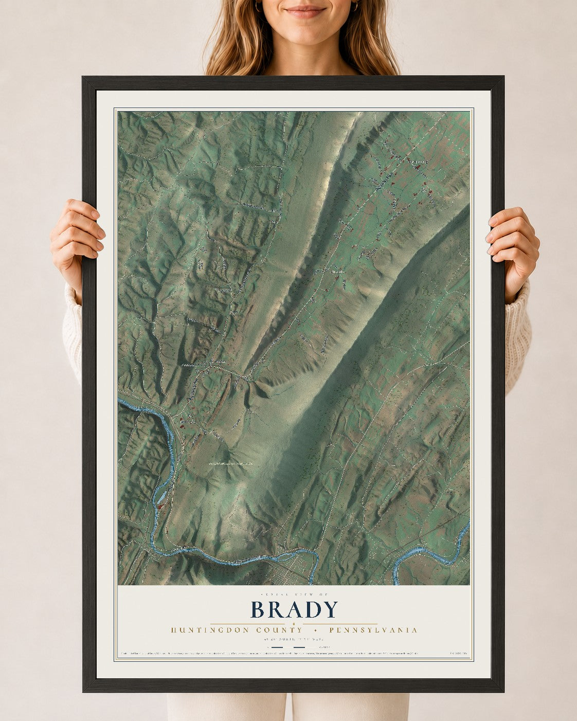 Map of Brady, Huntingdon County, Pennsylvania, 24 x 36 inch print in a black wood frame
