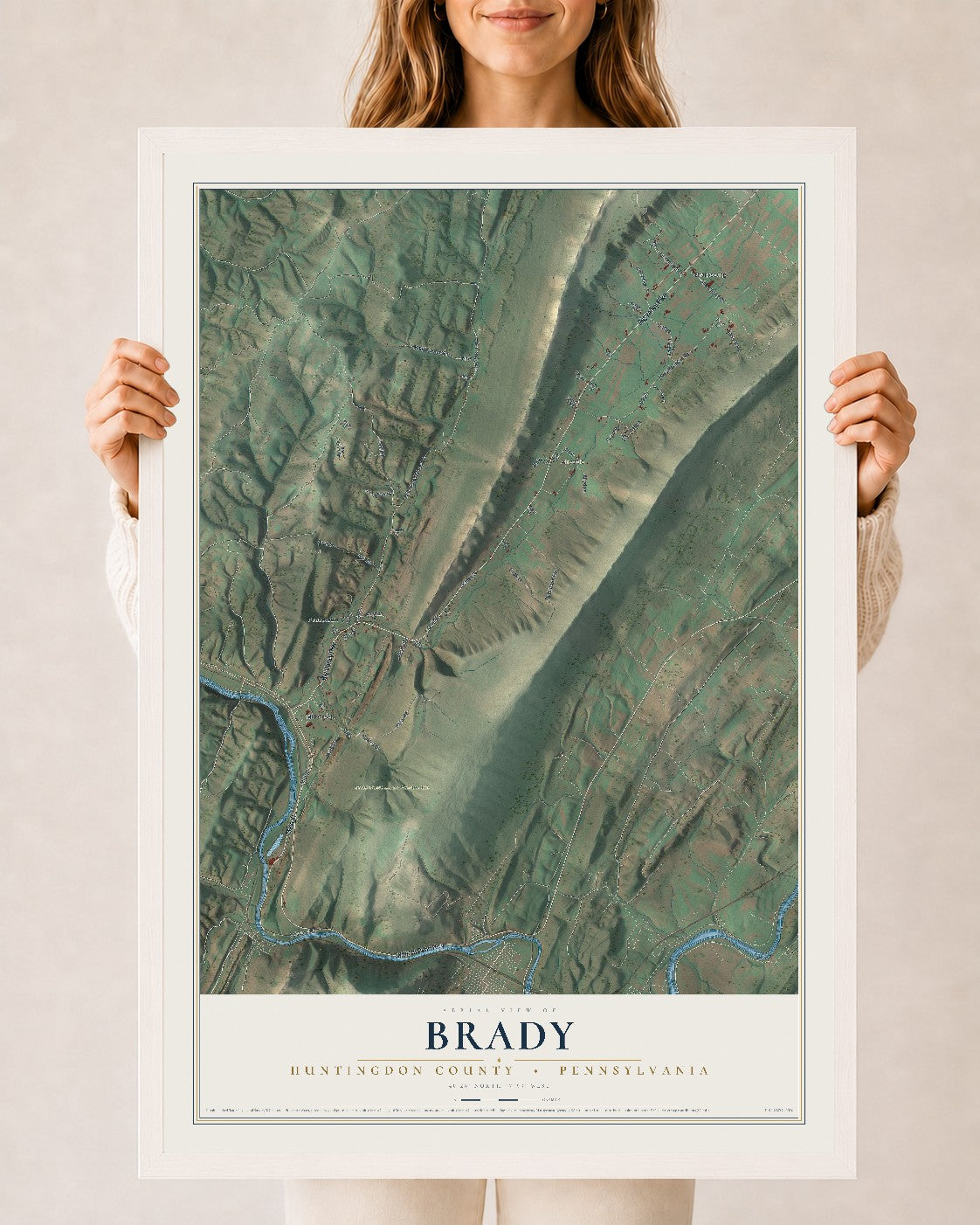 Map of Brady, Huntingdon County, Pennsylvania, 24 x 36 inch print in a white wood frame